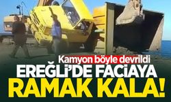 Ereğli'de faciaya ramak kala! Hafriyat kamyonu böyle devrildi