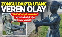 Zonguldak'ta utanç veren olay:  "Atatürk'e çiçek veren kız" heykelindeki çiçeğe zarar verildi!