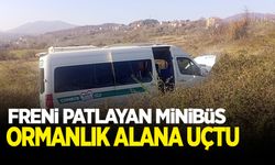 Freni boşalan minibüs ormana uçtu