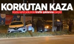 Kozlu sahil yolunda korkutan kaza: Trafik ışıklarına çarptı!