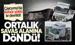 Çaycuma OSB kavşağında ortalık savaş alanına döndü: Kömür yüklü tır devrildi!