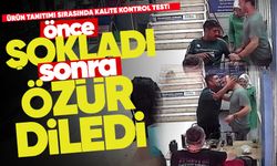 Ürün tanıtımı sırasında esnafı yanlışlıkla şoklayan seyyar satıcı sarılarak özür diledi