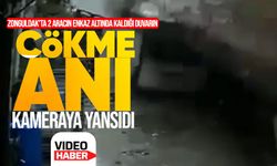 Zonguldak'ta 2 aracın enkaz altında kaldığı duvarın çökme anı kameraya yansıdı
