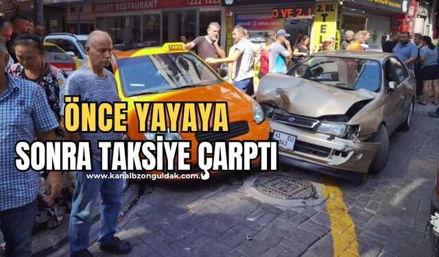 Freni patladı! Önce yayaya sonra taksiye çarptı