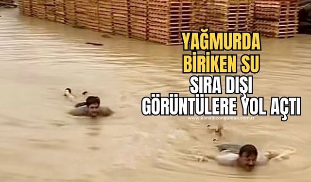 Yağmurun oluşturduğu gölde yüzdüler! Vatandaşlar şaşkınlıkla izledi