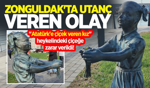 Zonguldak'ta utanç veren olay:  "Atatürk'e çiçek veren kız" heykelindeki çiçeğe zarar verildi!