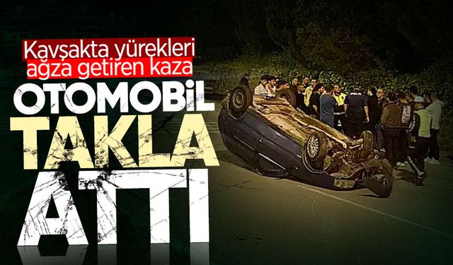 Kavşakta yürekleri ağza getiren kaza: Otomobil takla attı