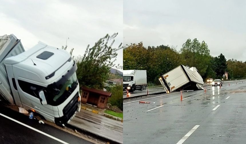 Devrek’te yol çalışması ve yağmur tırı devirdi