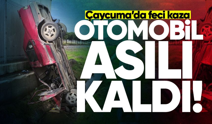 Çaycuma'da feci kaza: Otomobil asılı kaldı!