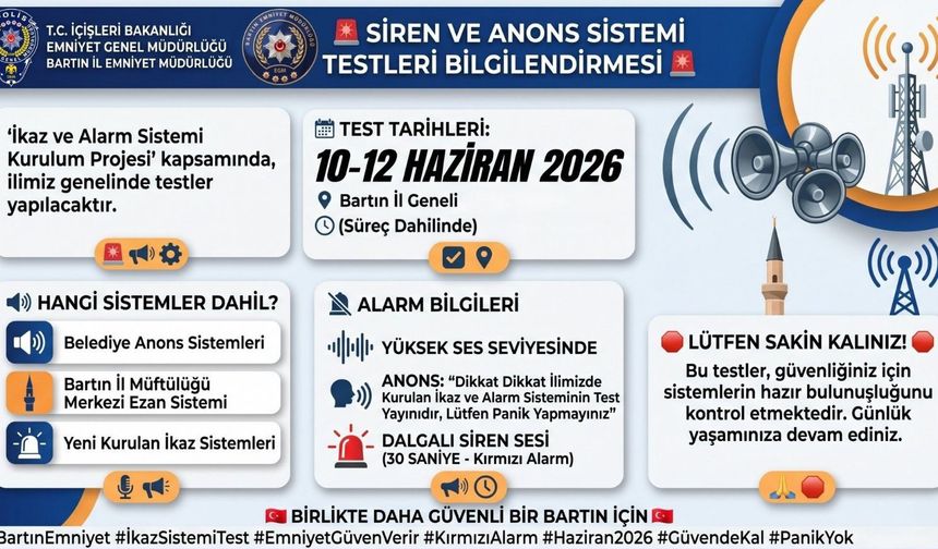 Bartın'da ikaz ve alarm sistemleri test edilecek, Emniyetten 'Panik Yapmayın' uyarısı