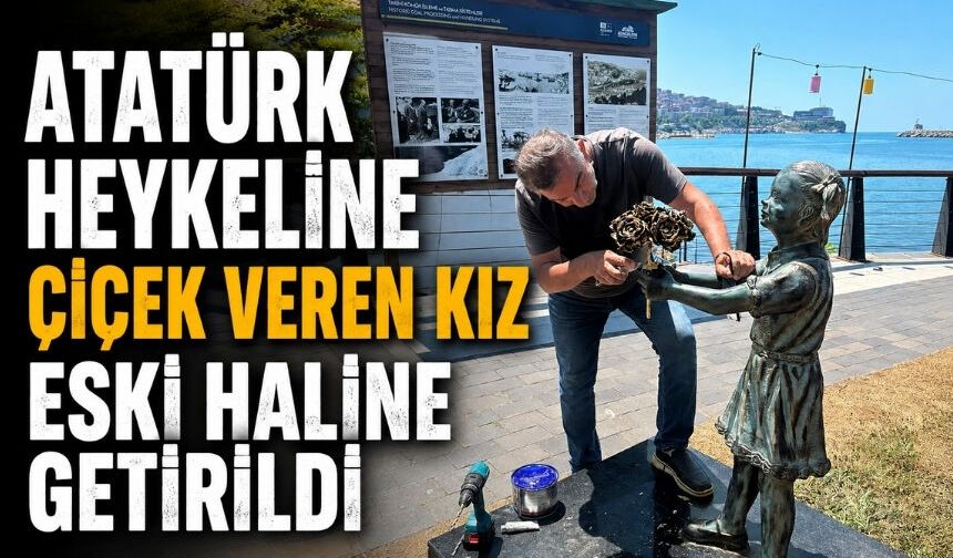 Bu defa çalınmasın: Atatürk’e çiçek veren kız heykeli tamir edildi