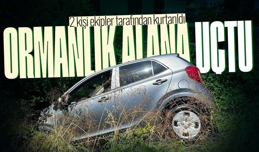 Otomobil ormanlık alana uçtu: 2 kişi kurtarıldı