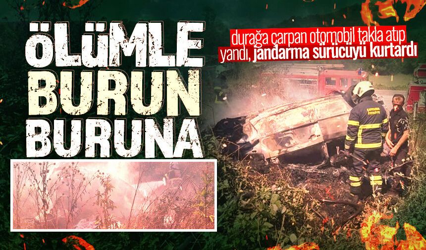 Çaycuma'da korkutan kaza: Otomobil durağa çarpıp araziye uçtu