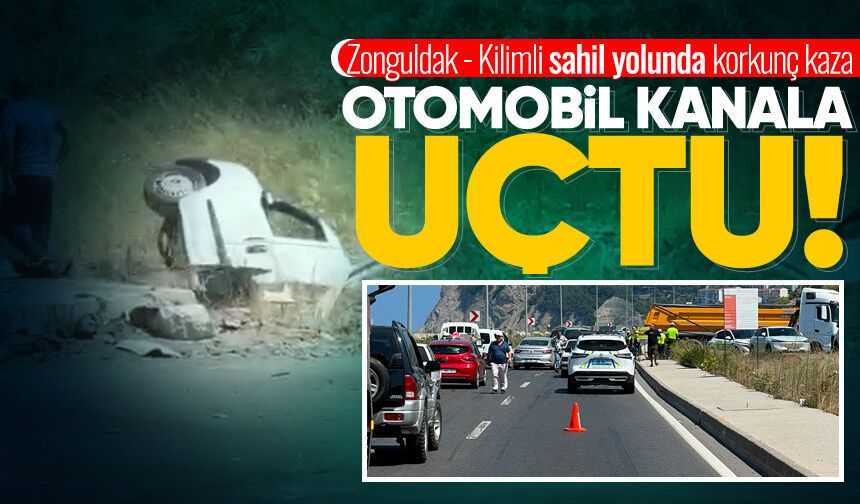 Kilimli sahil yolunda korkunç kaza: Otomobil kanala uçtu