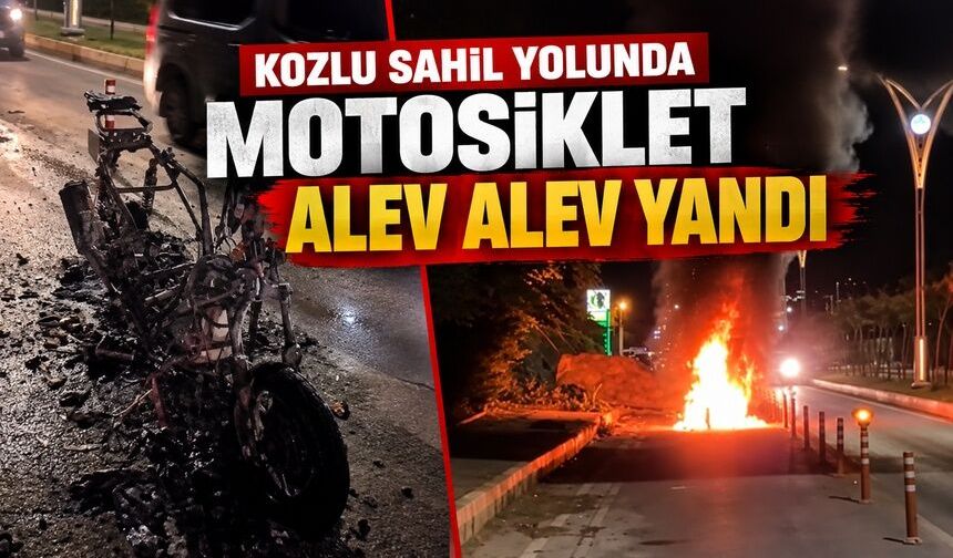 Kozlu sahil yolunda motosiklet alev alev yandı