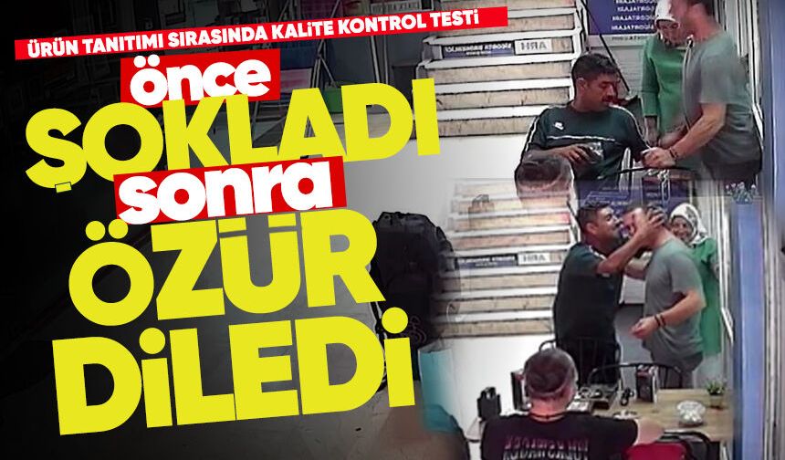 Ürün tanıtımı sırasında esnafı yanlışlıkla şoklayan seyyar satıcı sarılarak özür diledi