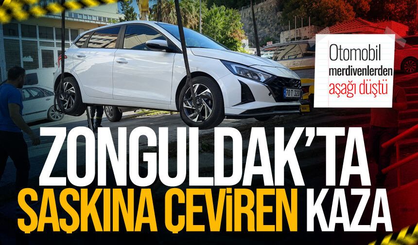 Zonguldak’ta şaşkına çeviren kaza: Otomobil merdivenlerden aşağı düştü