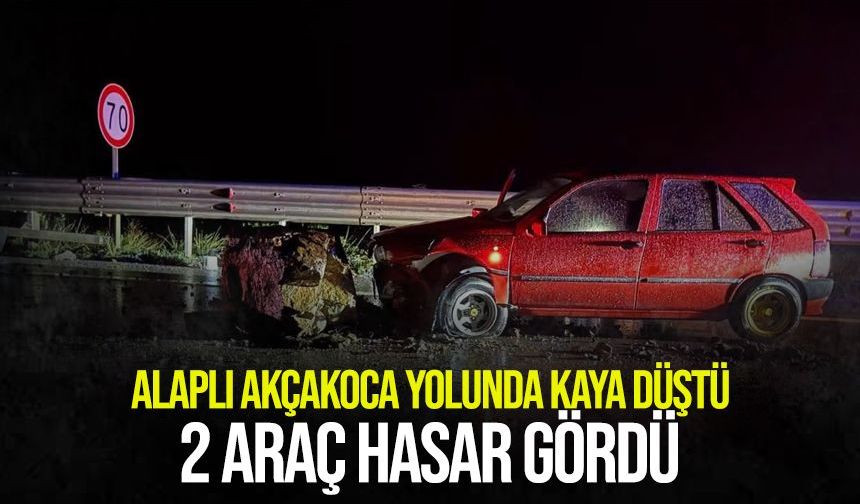 Alaplı-Akçakoca yolunda kaya düştü: 2 otomobil hasar gördü